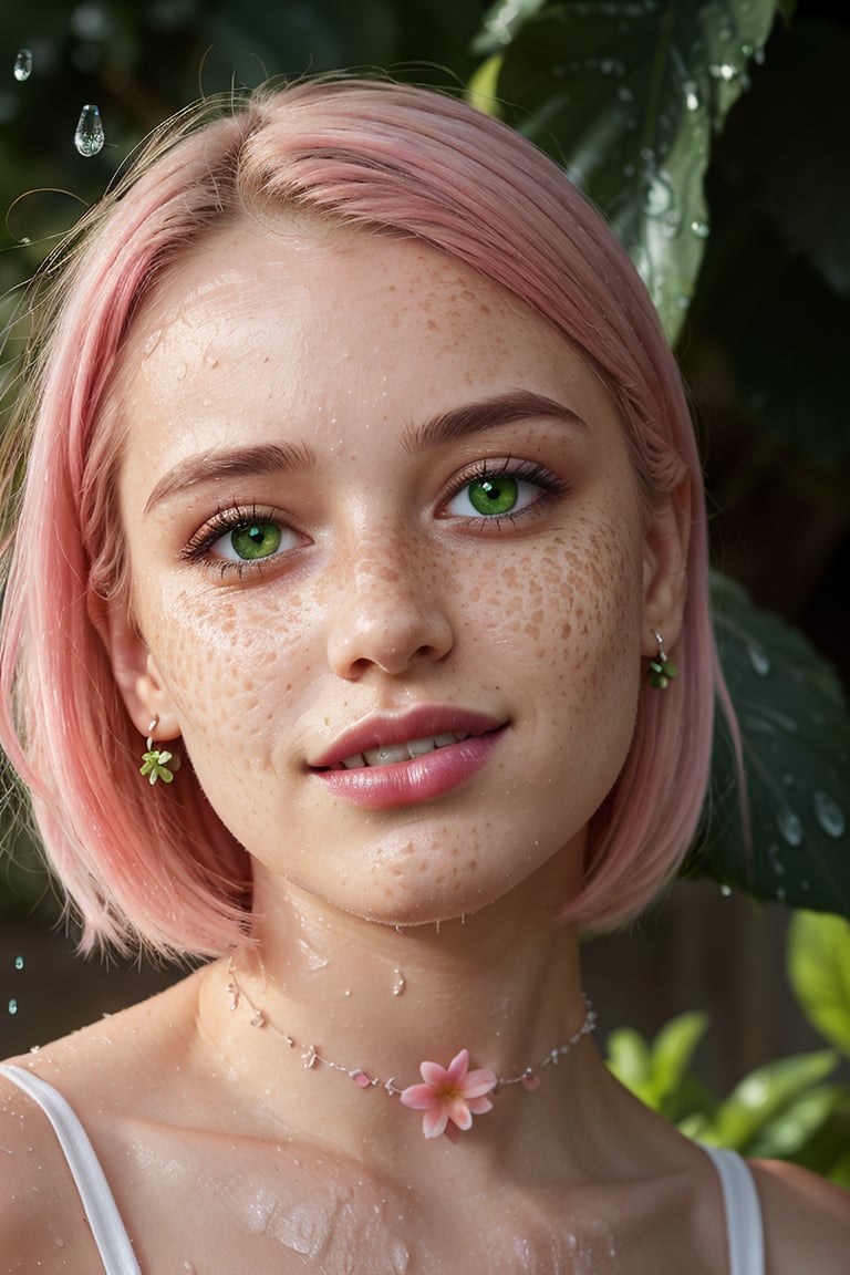 "(best quality, realistic, 1girl:1.1, dress, jewelry, green eyes, pink hair, flower, outdoors, parted lips, teeth, choker, wet lips, makeup, looking up, pink flower, freckles, rain)"