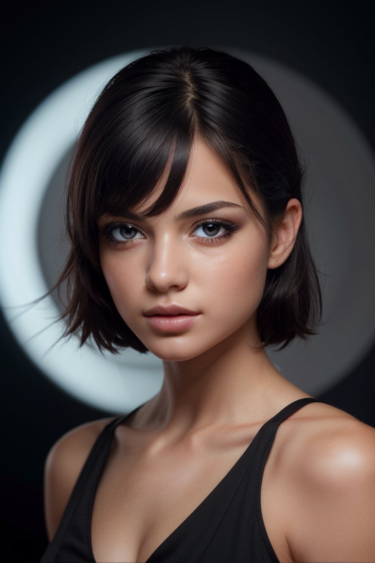 (masterpiece), realistic, (portrait of a girl), beautiful face, sunlight, cinematic light, bangs, a beautiful woman, beautiful eyes, black hair, perfect anatomy, very cute, princess eyes , (black eyes) , (frame the head), Centered image, stylized, bioluminescence, 8 life size,8k Resolution, white low-cut dress with small blue details, human hands, wonder full, elegant, approaching perfection, dynamic, highly detailed, character sheet, concept art, smooth, facing directly at the viewer positioned so that their body is symmetrical and balanced, stunningly beautiful teenage girl, detailed hairstyle,

