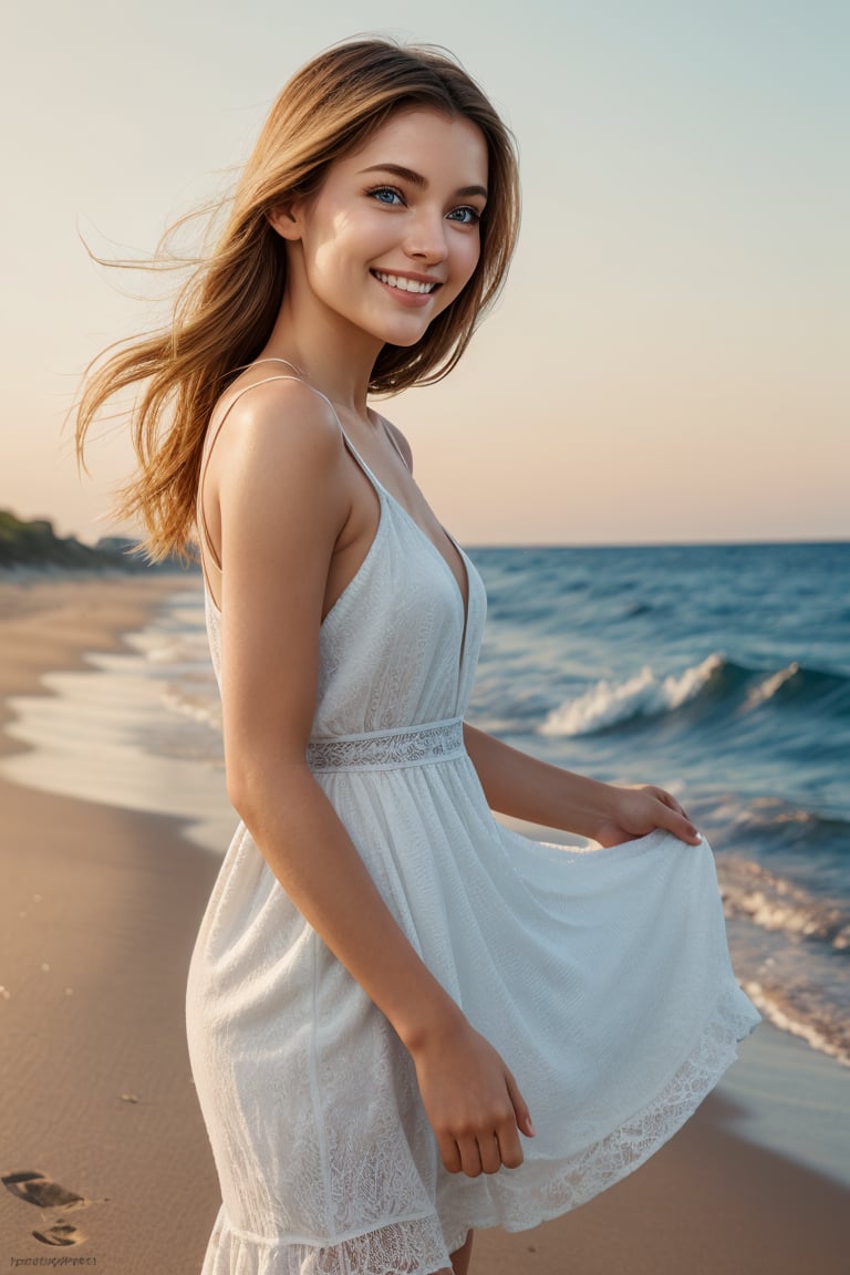 (highres,realistic) voluptuous,long wavy golden blonde hair,dreamy blue eyes,rosy cheeks,(1girl) with a radiant smile, wearing a flowing white sundress that gently caresses her sun-kissed skin,standing barefoot at the edge of a pristine beach. The soft golden sunlight illuminates her figure, casting a warm glow on the surrounding sand and glistening waves. The tranquil ocean stretches out to the horizon, merging seamlessly with the clear blue sky. The gentle sea breeze playfully tugs at her dress and ruffles her hair, creating a sense of movement and freedom. The girl's youthful beauty and carefree expression reflect her joy and inner peace. The artwork captures every intricate detail of her face, highlighting the delicate curves of her lips and the intricate patterns in her eyes. The artist's skillful brushstrokes evoke a sense of depth and realism, making the viewer feel as if they are standing right beside her, experiencing the serene beauty of the beach firsthand. The colors in the painting are vibrant and vivid, with a harmonious blend of warm and cool tones. The artist has masterfully captured the interplay of shadows and light, creating a captivating play of highlights and reflections. The composition of the artwork is carefully balanced, with the girl positioned slightly off-center, drawing the viewer's gaze towards her captivating beauty.
