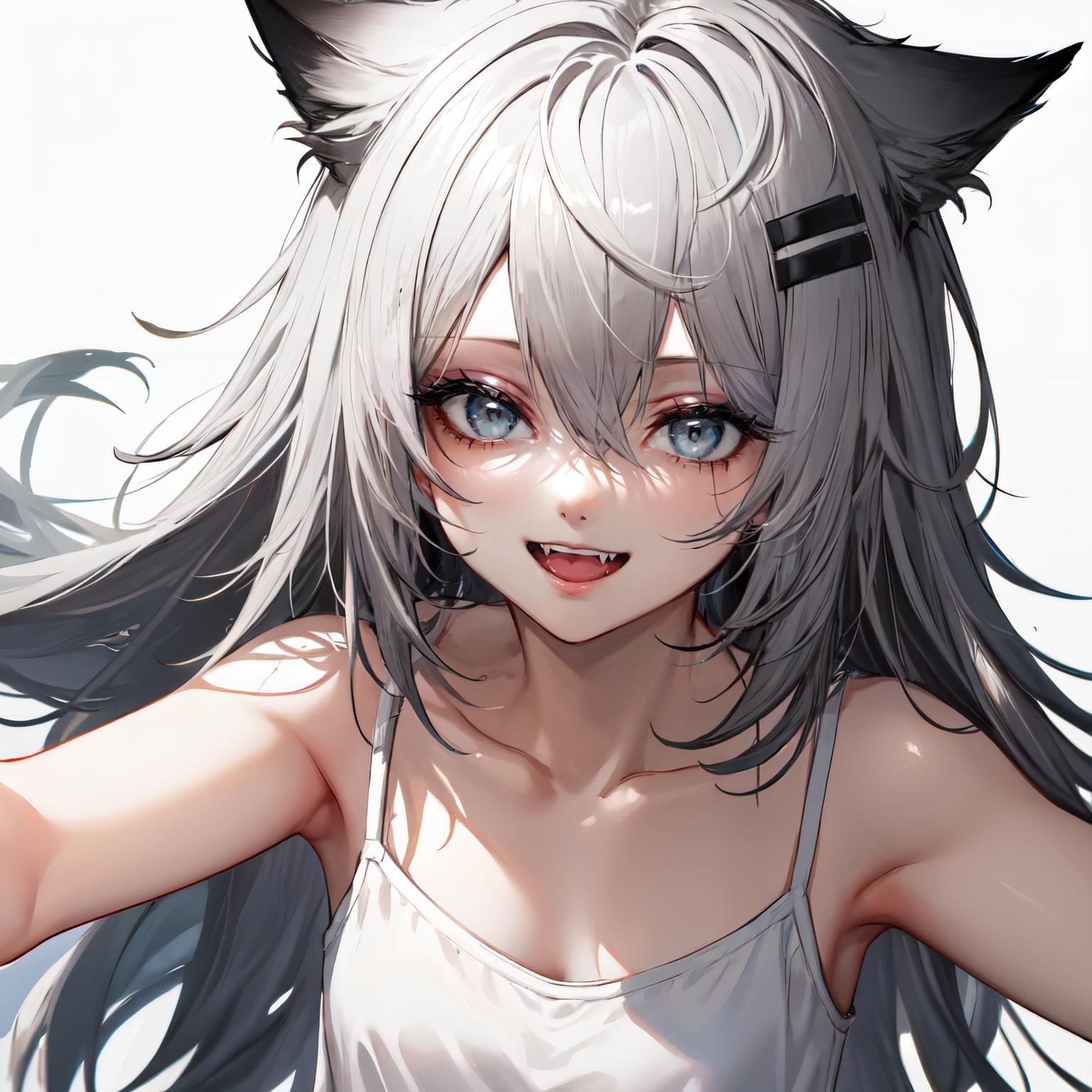 lappland, upper body, collarbone, solo, fangs, blood on face, scar across eye, 1girl, long hair, simple background, white background, smile,  looking at viewer, camisole, open mouth,grey eyes<lora:lappland:1>