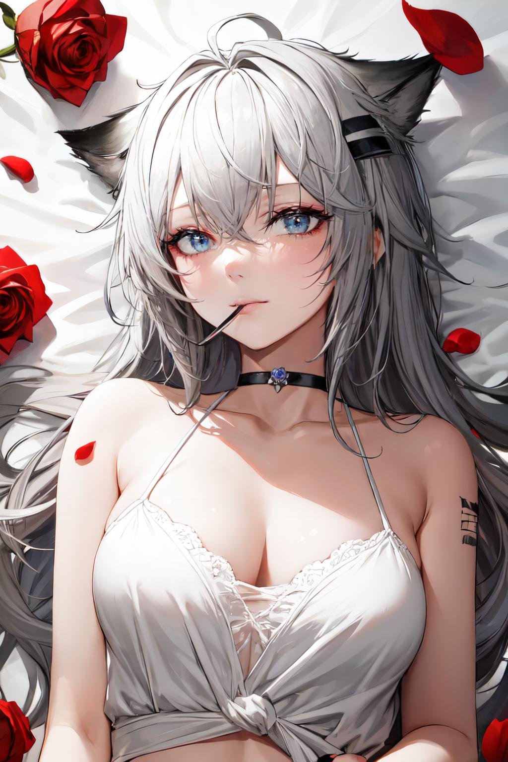 lappland, upper body, collarbone, choker, black nails, solo, red flower, flower, on stomach, scar across eye, nail polish, black choker, red rose, 1girl, long hair, petals, lying, looking at viewer, mouth hold, bare shoulders, rose <lora:lappland:1>