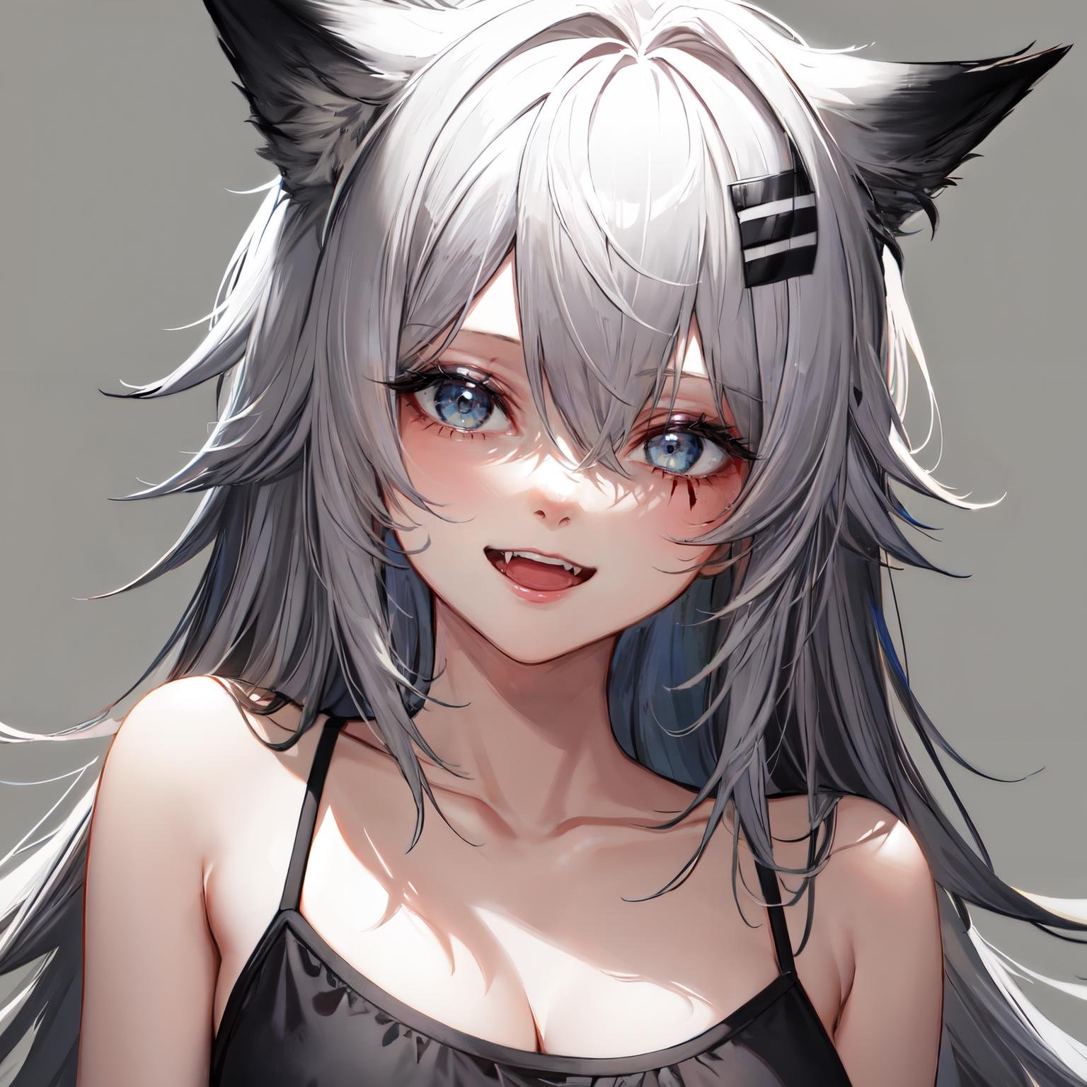 lappland, upper body, collarbone, solo, fangs, blood on face, scar across eye, 1girl, long hair, simple background, white background, smile,  looking at viewer, camisole, open mouth,grey eyes<lora:lappland:1>