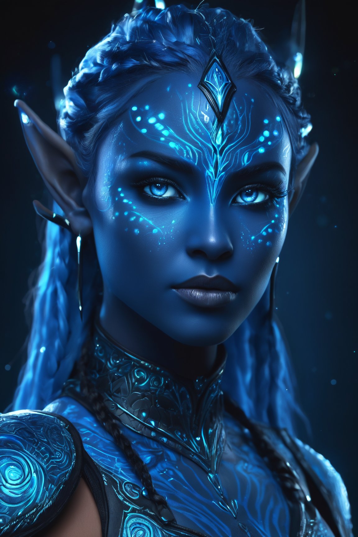 blue humanoid avatar with bioluminescent avatar markings dots and patterns on their skin. Pointed elf ears. avatar like hair,  hair colour black,  sparkling glowing blue eyes,  slightly shimmery iridescent blue skin. female,  warrior like,  magical and mystical,  detailed and realistic. Only blue skin tone. Only blue coloured skin. Skin colour all blue.