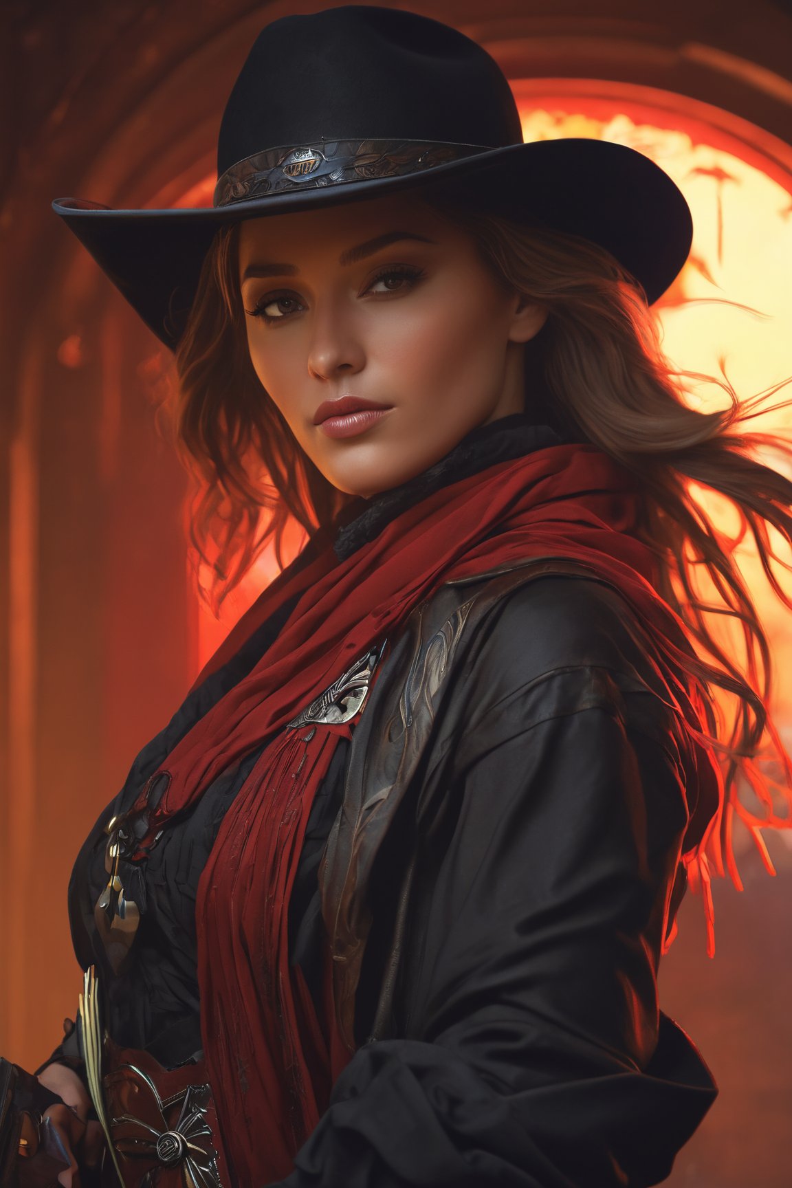 (Create an extraordinary 3D rendering) of a ((female gunslinger)) donned in a captivating mix of ((red and black cowboy outfit)) with a matching hat. The gunslinger should be captured in a ((mid-body portrait)) walking the dusty roads of ((Dodge City)). Utilize a ((dim volumetric lighting)) to add cinematic ambiance,  emphasizing the ((intricate details)) of the outfit. Render in ((8K Octane)),  showcasing the epic composition inspired by the styles of ((Artgerm)),  ((Greg Rutkowski)),  and ((Alphonse Mucha)). Apply post-processing techniques for an oil-paint effect,  creating a ((stunning masterpiece)) with extremely ((hyper-detailed)) features. Ensure the final image is perfect for trending on ((ArtStation))