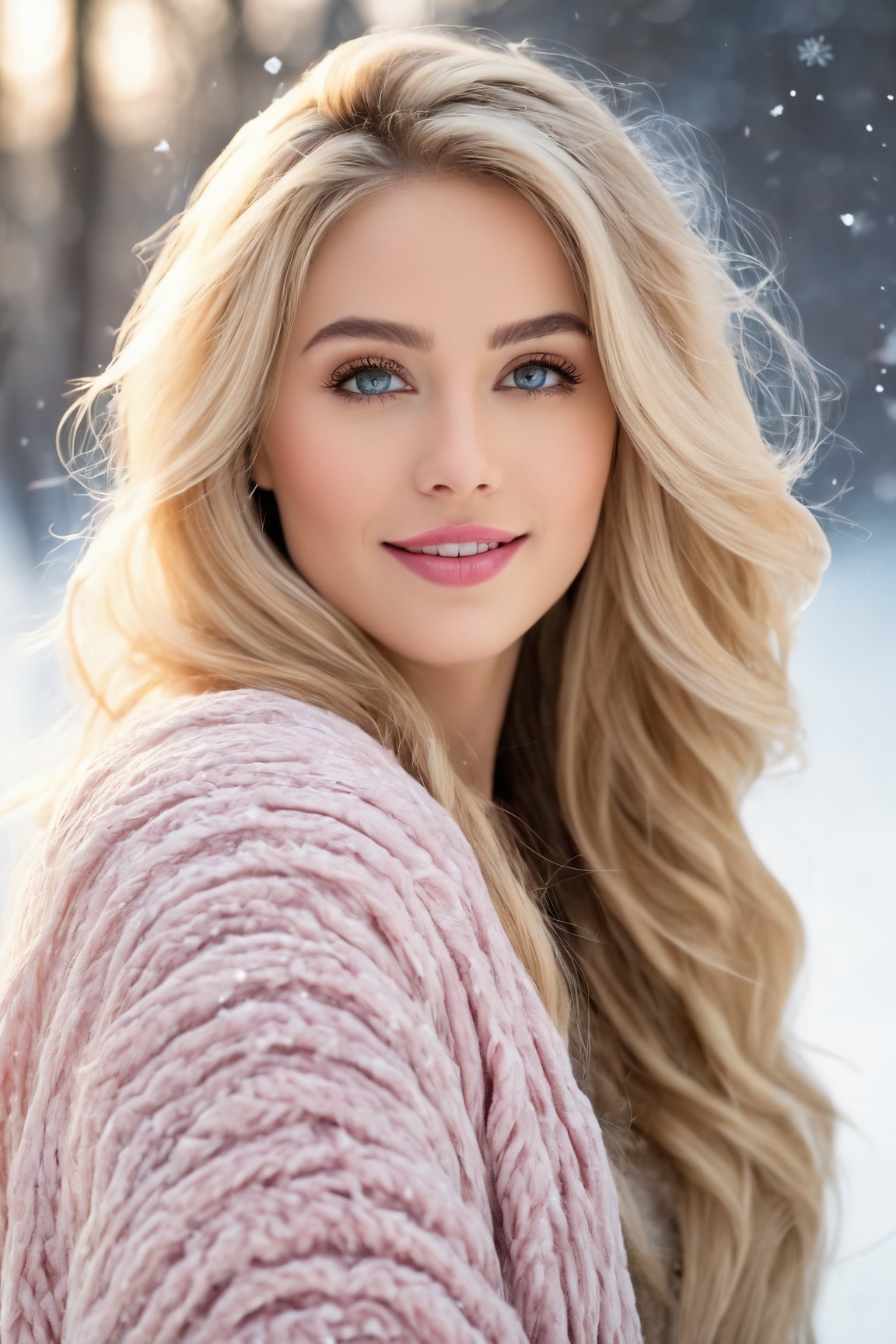 (best quality,  4k,  8k,  highres,  masterpiece:1.2),  ultra-detailed,  (realistic,  photorealistic,  photo-realistic:1.37),  portrait,  beautiful and smiling caucasian woman,  cinematic,  winter clothes,  Ondas e Nuances,  detailed symmetric hazel eyes,  circular iris,  vivid colors,  winter scenery,  soft snowflakes falling,  icy breath,  rosy cheeks,  pure white background,  subtle warm lighting,  innocence and radiance,  sparkling eyes,  joyful expression,  luxurious fur trim on the clothing,  frosty winter air,  subtle wind blowing through her hair,  subtle hint of pink in her lips,  elegant posture,  confident stance,  delicate snowflakes decorating her hair,  long flowing blonde hair,  wonder and serenity in her gaze,  captivating beauty,  snow-covered trees in the background,  peaceful and enchanting winter scene.