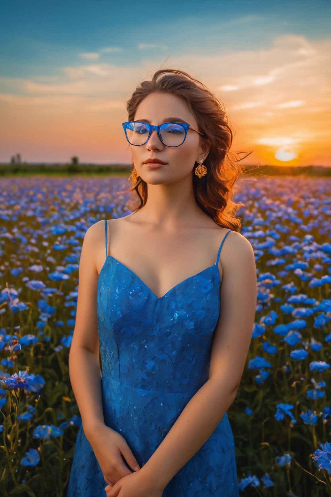 (best quality,  portrait,  masterpiece:1.2),  girl in a blue dress with a hair flower,  standing in a vast flower field. The girl is wearing glasses and has beautiful freckles on her face. Above her,  the sky is filled with vibrant blue hues,  as the sun sets in the distance,  casting a warm orange glow. The girl wears delicate earrings that shimmer in the cinematic light.
