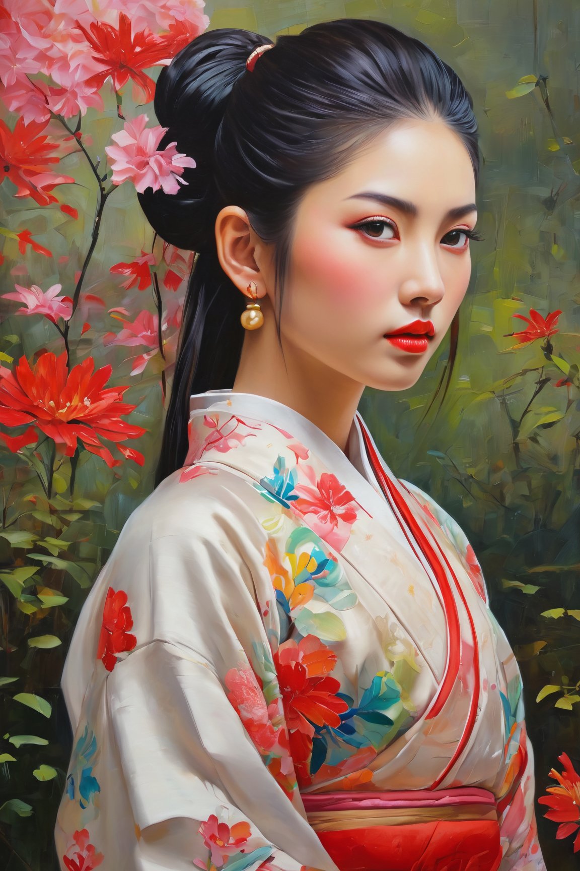 girl,  beautiful detailed eyes,  beautiful detailed lips,  extremely detailed eyebrows and face,  long eyelashes,  stripe bead necklace,  black hair styled in a spiked ponytail,  wearing a simple kimono with red open clothes. The artwork is created using oil paint on canvas,  with high resolution and ultra-detailed brushstrokes. The painting showcases a picturesque garden scene with vibrant colors and vivid flowers in full bloom. The girl is depicted standing gracefully amidst the floral landscape,  her posture conveying a sense of tranquility and elegance. The lighting in the painting is soft and ethereal,  casting gentle shadows on the girl's face and adding depth to the overall composition. The color palette is dominated by various shades of red,  creating a warm and inviting atmosphere. The art style blends elements of traditional Japanese art with a touch of contemporary flair,  resulting in a captivating fusion of East-meets-West aesthetics