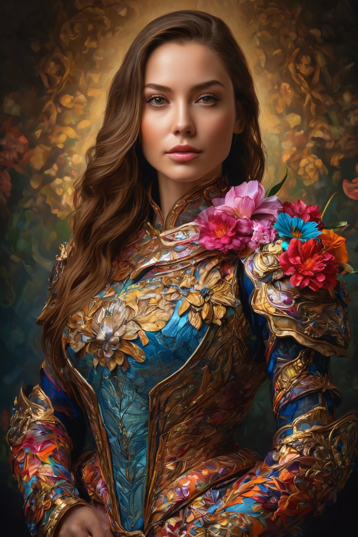 (best quality,  realistic,  high-resolution),  colorful portrait of a woman with flawless anatomy. She is wearing a stunning flower dress that compliments her vibrant personality. Her skin is extremely detailed and realistic,  with a natural and lifelike texture. The background is dark,  which creates a striking contrast to the colorful flowers adorning her armor. The flowers on her armor represent her strength and beauty. The lighting accentuates the contours of her face,  adding depth and dimension to the portrait. The overall composition is masterfully done,  showcasing the intricate details and achieving a high level of realism,  Realistic