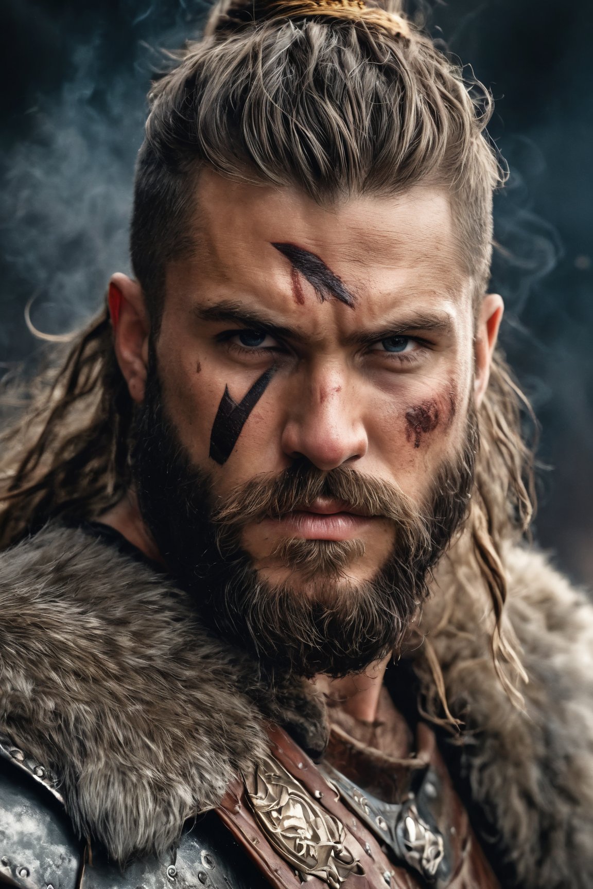 portrait,  viking warrior,  man,  warrior face paintings and blood,  detailed eyes,  shallow depth of field,  vignette,  highly detailed,  high budget Hollywood film,  (best quality,  4k,  8k,  highres,  masterpiece:1.2),  ultra-detailed,  (realistic,  photorealistic,  photo-realistic:1.37),  HDR,  UHD,  studio lighting,  ultra-fine painting,  sharp focus,  physically-based rendering,  extreme detail description,  professional,  vivid colors,  bokeh,  portraits,  war paint,  fierce expression,  metal armor,  weathered look,  bearded,  strong physique,  intense gaze,  androgynous,  scar on face,  battle scars,  broad shoulders,  ornate helmet,  ancient runes,  beads in hair,  smoke in background,  sword in hand,  shield,  stoic expression,  wind-swept hair,  roaring warrior,  muscular build,  heroic stance,  foreboding atmosphere,  dramatic lighting,  gritty texture,  contrasting shadows,  fire in the eyes,  tribal tattoos,  swirling mist,  ferocious demeanor,  commanding presence,  secrets in the eyes,  warrior symbol,  weathered background,  weather-beaten face