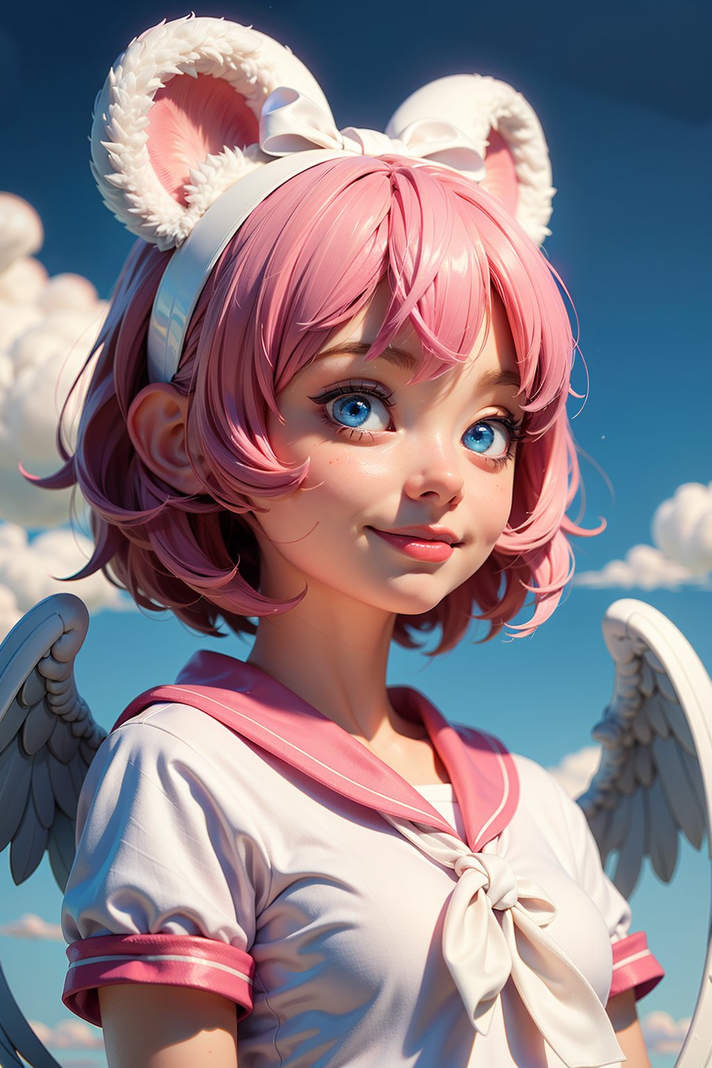 skistyle,  1girl,  solo,  cute smile,  pink hair,  animal ears,  blue eyes,  wings,  looking at viewer,  bangs,  short hair,  bow,  sailor collar,  white sailor collar,  hair bow,  pink bow,  closed mouth,  shirt,  white shirt,  bear ears,  bob cut,  mini wings,  portrait,  detached wings,  makeup,  upper body,  city in background,<lora:EMS-209910-EMS:0.800000>
