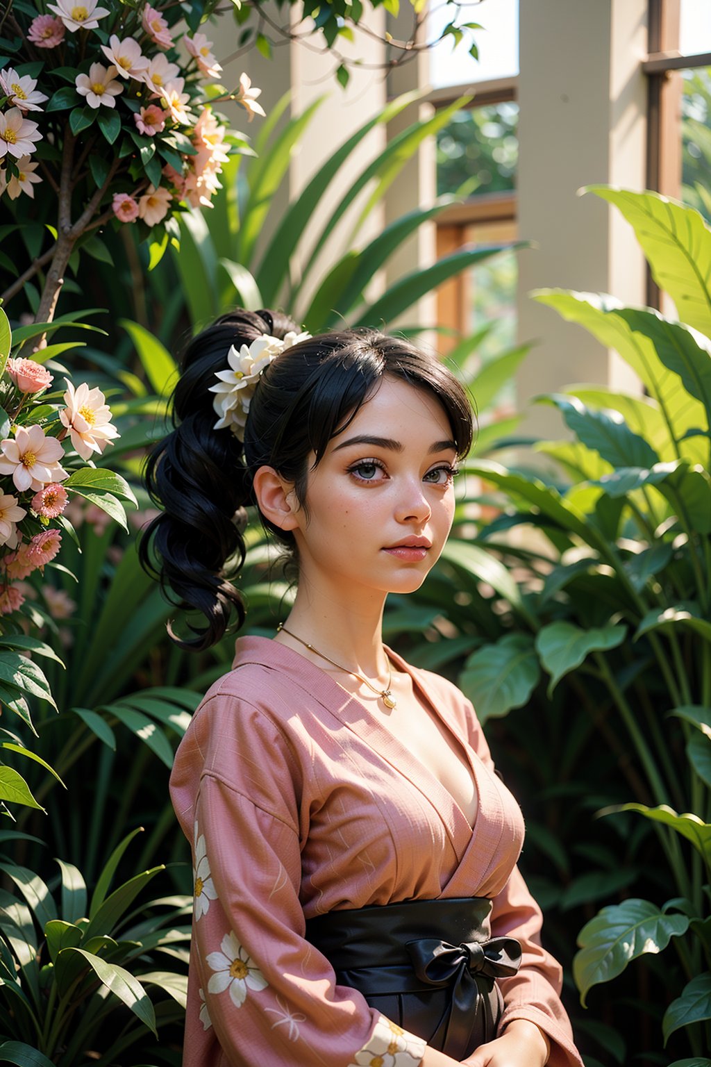 girl,  beautiful detailed eyes,  beautiful detailed lips,  extremely detailed eyebrows and face,  long eyelashes,  stripe bead necklace,  black hair styled in a spiked ponytail,  wearing a simple kimono with red open clothes. The artwork is created using oil paint on canvas,  with high resolution and ultra-detailed brushstrokes. The painting showcases a picturesque garden scene with vibrant colors and vivid flowers in full bloom. The girl is depicted standing gracefully amidst the floral landscape,  her posture conveying a sense of tranquility and elegance. The lighting in the painting is soft and ethereal,  casting gentle shadows on the girl's face and adding depth to the overall composition. The color palette is dominated by various shades of red,  creating a warm and inviting atmosphere. The art style blends elements of traditional Japanese art with a touch of contemporary flair,  resulting in a captivating fusion of East-meets-West aesthetics,<lora:EMS-209910-EMS:0.800000>