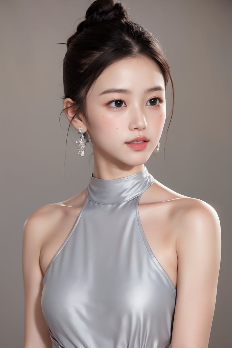  1girl, solo, short hair, simple background, black hair, jewelry, drunk, meth and heroine addicted,, earrings, grey background, hair bun, mole, mole under eye, portrait, brown background, red lips, tan background, High-neck clothes,
,Enhance,Sugar babe ,wrenchmicroarch,Young beauty spirit 