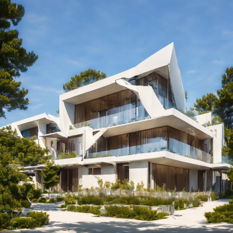 (best quality, masterpiece, high_resolution:1.5), a house in style of minimalism facade, with wonderful and luxury exterior designing by Zaha Hadid. Glass and trees make the facede of this 3 layers house look awesome .