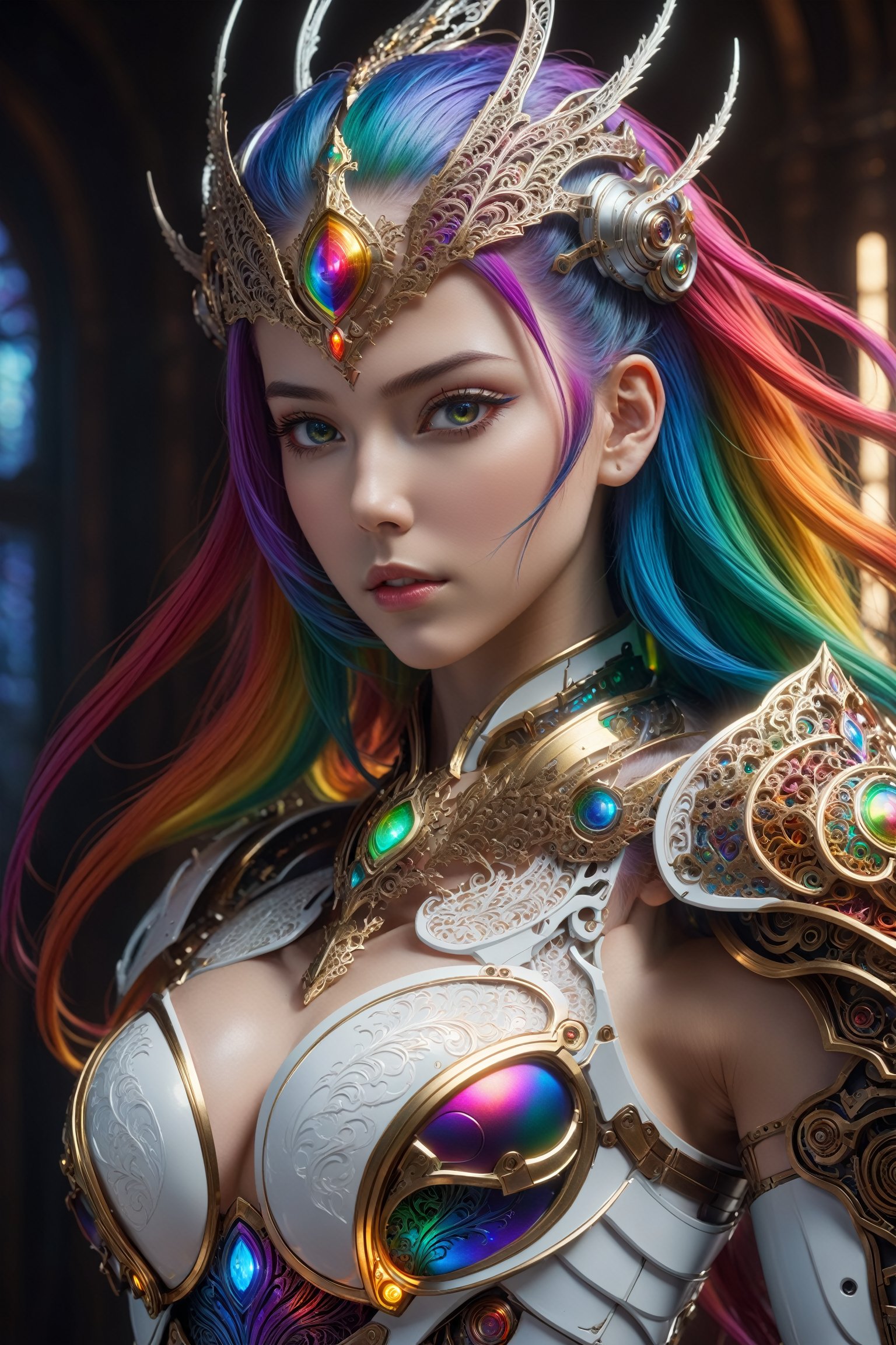surreal photography of a stunning beautiful cyborg female, rainbow hair, long hair, huge breast, (beauty and detailed armor), embraced, delicate white filigree, intricate filigree, glowing, navel, highly detailed, intricate detailed, face symmetry, masterpiece, award-winning, sharp focus, concept art, low key, 8k, uhd, low key, octane render
