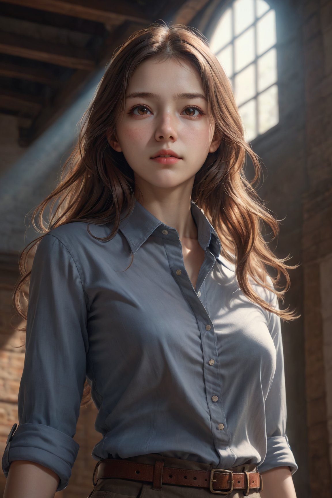 photorealistic, masterpiece, best quality, raw photo, 1girl, solo, long hair, brown hair, detailed face, alluring face, collared shirt, medium breasts, dynamic pose, looking at viewer, from below, detailed background, fine detailed, intricate detail, ray tracing, depth of field, low key, hdr
