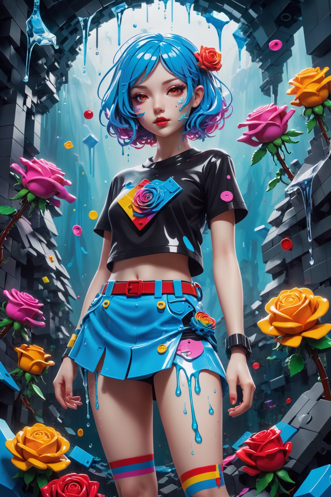 Abstract Pop Surrealism: A fusion of abstract, pop, and surreal styles brings forth a woman in a miniskirt, draped in a playful cosplay uniform, showcasing cute panties in a vibrant, dreamlike setting. ,sticker,dripping paint,roses_are_rosie,neon photography style,tshirt design,ice and water,tranzp,lego