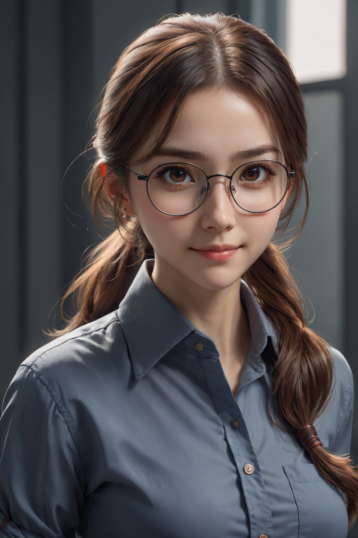 photorealistic, masterpiece, best quality, raw photo, 1girl, solo, long hair, brown hair, detailed face, alluring face, collared shirt, medium breasts, dynamic pose, looking at viewer, from below, detailed background, fine detailed, intricate detail, ray tracing, depth of field, low key, hdr,ponytail, black glasses, big eyes, big eyebrows, smile