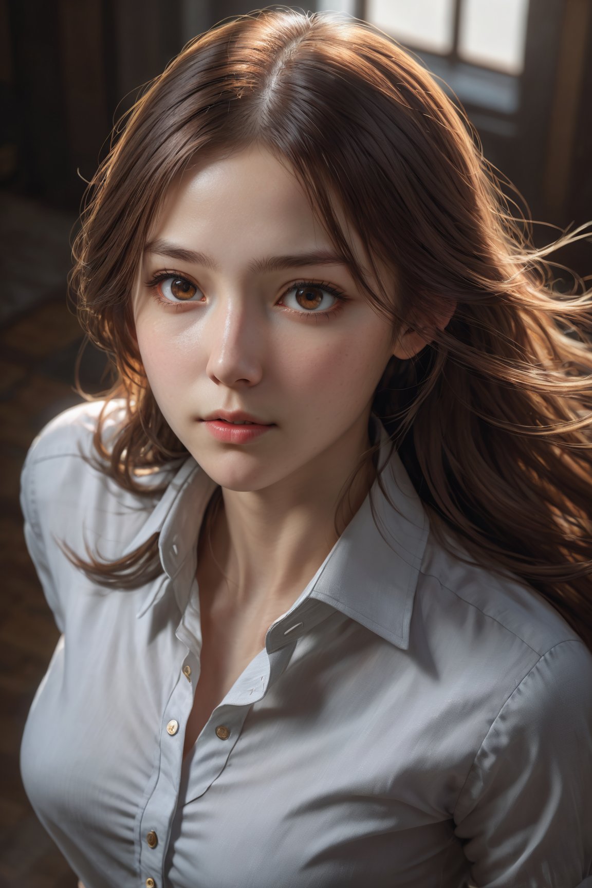 photorealistic, masterpiece, best quality, raw photo, 1girl, solo, long hair, brown hair, detailed face, alluring face, collared shirt, medium breasts, dynamic pose, looking at viewer, from below, detailed background, fine detailed, intricate detail, ray tracing, depth of field, low key, hdr