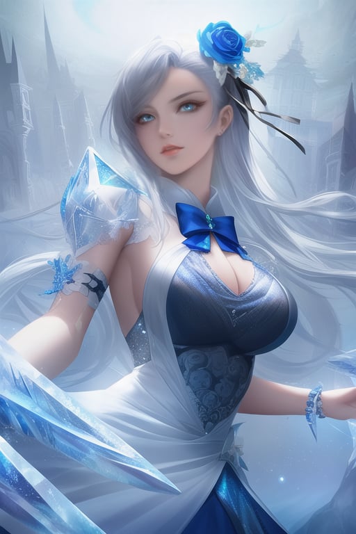 (((masterpiece))),best quality,illustration,(beautiful detailed girl),beautiful detailed glow,detailed ice,beautiful detailed water,(beautiful detailed eyes),expressionless,(floating palaces),azure hair,disheveled hair,long bangs,hairs between eyes,(skyblue dress),black ribbon,white bowties,midriff,{{{half closed eyes}}},big forhead,blank stare,flower,large top sleeves,dynamic lighting,octane render,unreal engine