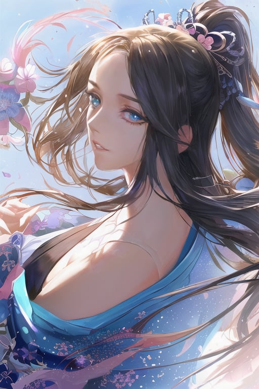 (((masterpiece))),(((best quality))),((ultra-detailed)),(illustration),((an extremely delicate and beautiful)),cinematic angle,(beautiful detailed eyes),(detailed light),cinematic lighting,beautifully detailed blue sky with white cloud,(1girl),long black hair,(lighting particle),fog,(painting),(bloom),kimono,posing,elegant,daytime,sakura flying,full body