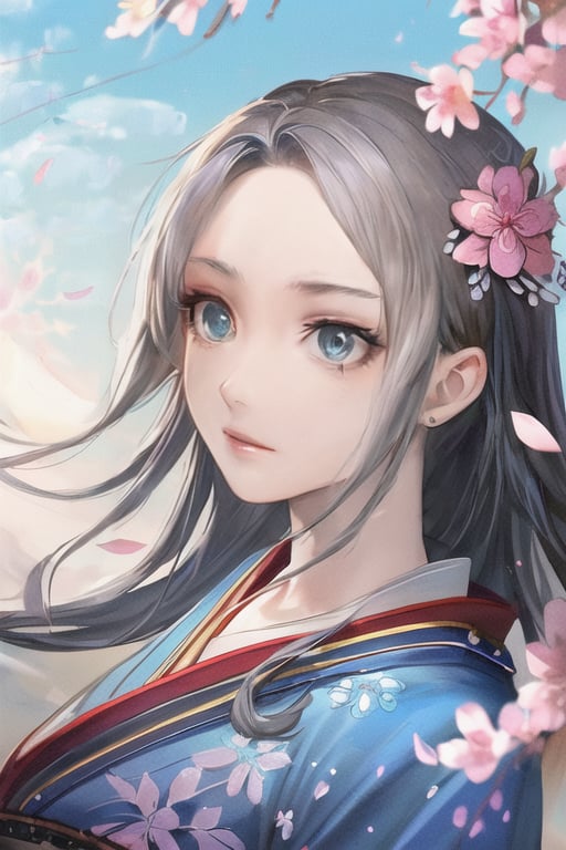 (((masterpiece))),(((best quality))),((ultra-detailed)),(illustration),((an extremely delicate and beautiful)),cinematic angle,(beautiful detailed eyes),(detailed light),cinematic lighting,beautifully detailed blue sky with white cloud,(1girl),long black hair,(lighting particle),fog,(painting),(bloom),kimono,posing,elegant,daytime,sakura flying,full body