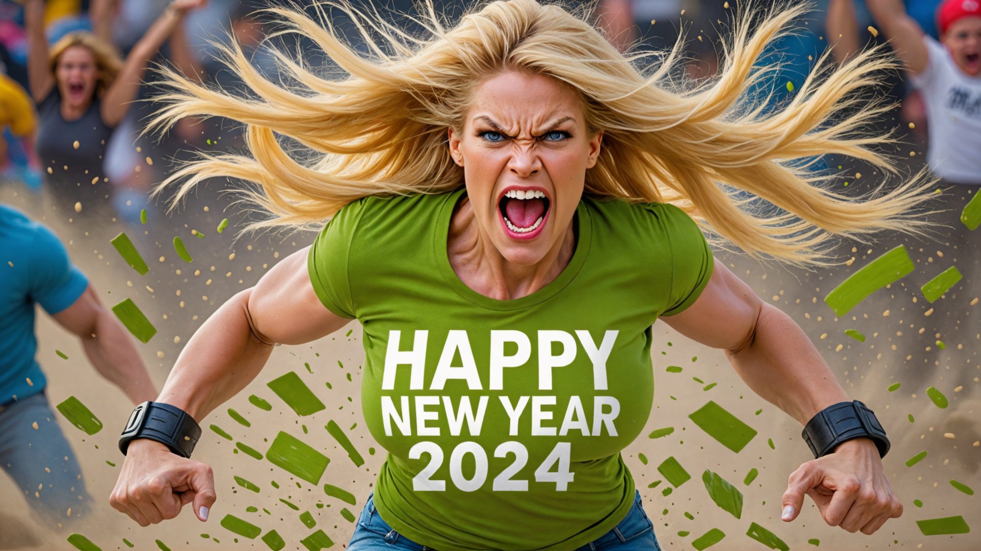 angry KAREN beautiful SUPERMODEL woman,  "HAPPY NEW YEAR 2024" t-shirt logo,  BLONDE hair,  SEXY,  turning into incredible hulk mad, ACTION SHOT, ACTION,<lora:EMS-251568-EMS:0.800000>