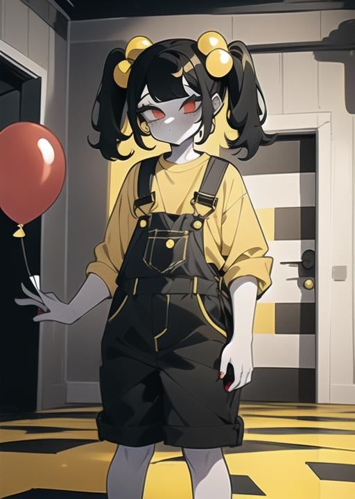 <lora:cassidy-08:1> cassidy, white skin, yellow shirt, (( checkered floor, grey walls with one big red stripe, balloons, red double door )), masterpiece, best quality