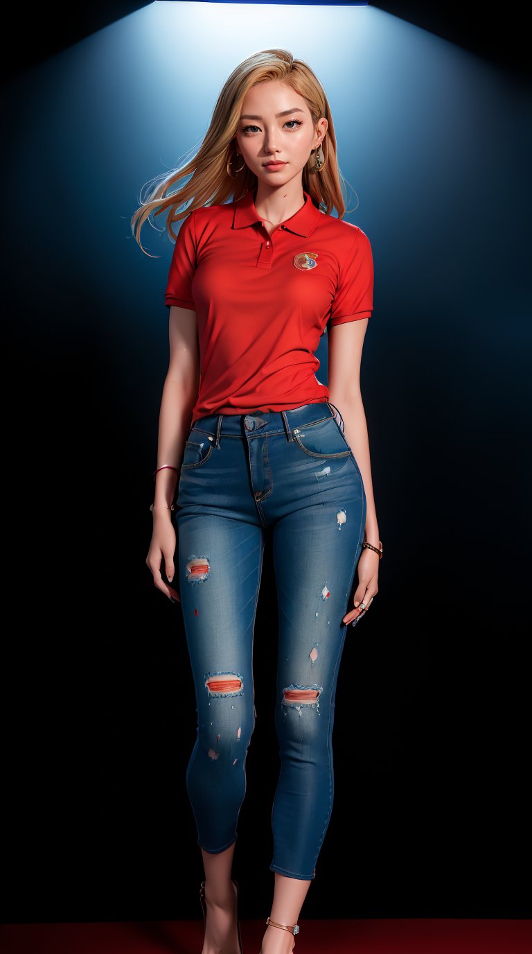 Masterpiece, best quality, high resolution, solid blue background, ((((spilt lighting full body portrait)))), 1 South Korean super model,  super hot body, abs, long legs, blonde hair, glasses, wear (((red polo shirt))) and long jeans, cold emotions, detail face, UHD,wonder beauty ,Wonder of Art and Beauty,Eurasian,color paint