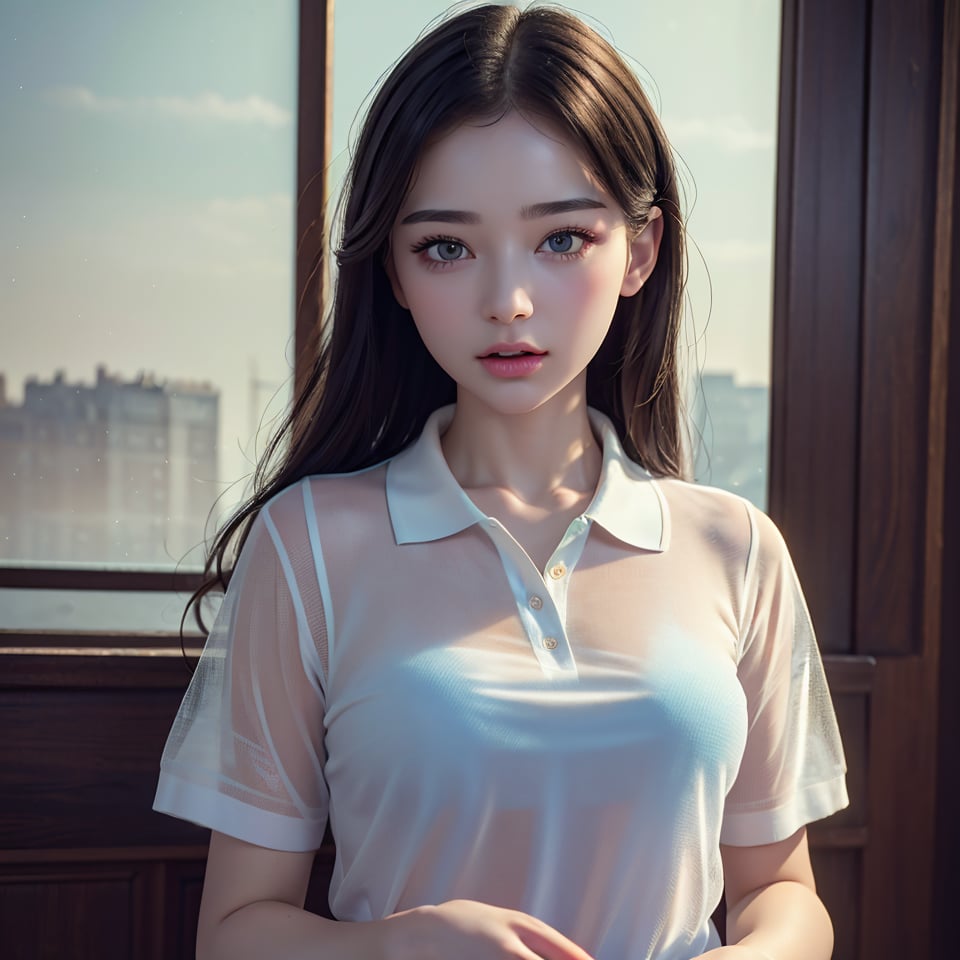 (RAW photo, best quality), (realistic, photo-Realistic:1.3), best quality, masterpiece, beautiful and aesthetic, 16K, (HDR:1.4), high contrast, (vibrant color:1.4), 1girl is Russian mix Korean, wear a transparent polo shirt, see-through polo shirt,Wonder of Art and Beauty