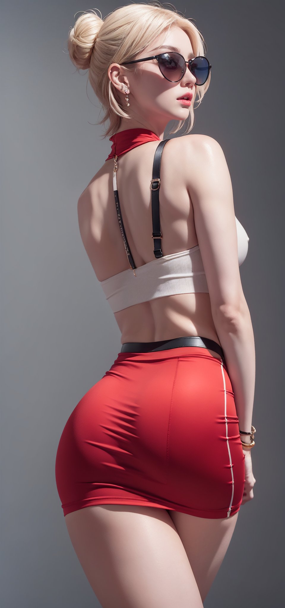 (backside knee shot of 1 Korean mix Russian blonde girl),((slightly sagging butts)), (proper thigh gap),  blurred monotone background, Short Blunt Cut Bob haircut, top knot bun, ((silky texture red slim skirt)), non-conspicuous and hidden seam, perfect proportioned body, ((true-red colored clothing)), ((slick surface over butt crack)), (skin-tight pull-over),(thin spandex pencil skirt), clothes reflecting sensual bodyline, no wrinkle on the butt crack,looking side slightly, perfect midriff, icy eyeshadow, Pale skin,((with Channel sunglasses on)), juicy lips, bracelet, earings, Long Eyelashes, Hourglass body, reversed-heart-shaped butts, blurred one-colored background, sexy flank, ,hourglass body shape,butterfly_top,from behind,Nice legs and hot body,Eurasian,Enhance