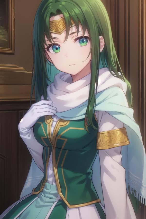 marisamarilis, <lora:maris amarilis-lora-nochekaiser:1>,maris amarilis, long hair, (green eyes:1.5), green hair, circlet,BREAK gloves, fingerless gloves, dress, white dress, capelet, cape, scarf, white scarf, long sleeves,BREAK indoors, castle,BREAK looking at viewer, (cowboy shot:1.5),BREAK <lyco:GoodHands-beta2:1>, (masterpiece:1.2), best quality, high resolution, unity 8k wallpaper, (illustration:0.8), (beautiful detailed eyes:1.6), extremely detailed face, perfect lighting, extremely detailed CG, (perfect hands, perfect anatomy),