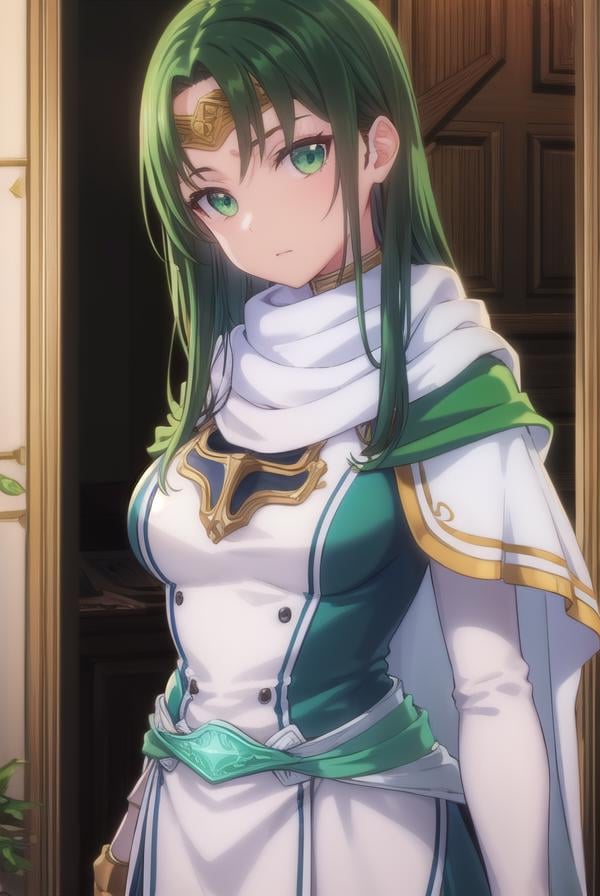 marisamarilis, <lora:maris amarilis-lora-nochekaiser:1>,maris amarilis, long hair, (green eyes:1.5), green hair, circlet,BREAK gloves, fingerless gloves, dress, white dress, capelet, cape, scarf, white scarf, long sleeves,BREAK indoors, castle,BREAK looking at viewer, (cowboy shot:1.5),BREAK <lyco:GoodHands-beta2:1>, (masterpiece:1.2), best quality, high resolution, unity 8k wallpaper, (illustration:0.8), (beautiful detailed eyes:1.6), extremely detailed face, perfect lighting, extremely detailed CG, (perfect hands, perfect anatomy),