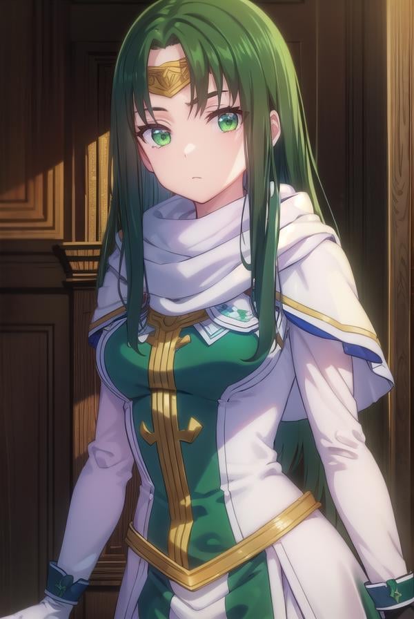 marisamarilis, <lora:maris amarilis-lora-nochekaiser:1>,maris amarilis, long hair, (green eyes:1.5), green hair, circlet,BREAK gloves, fingerless gloves, dress, white dress, capelet, cape, scarf, white scarf, long sleeves,BREAK indoors, castle,BREAK looking at viewer, (cowboy shot:1.5),BREAK <lyco:GoodHands-beta2:1>, (masterpiece:1.2), best quality, high resolution, unity 8k wallpaper, (illustration:0.8), (beautiful detailed eyes:1.6), extremely detailed face, perfect lighting, extremely detailed CG, (perfect hands, perfect anatomy),