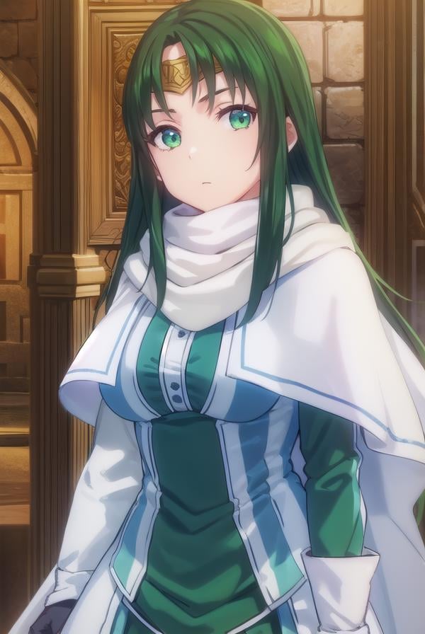 marisamarilis, <lora:maris amarilis-lora-nochekaiser:1>,maris amarilis, long hair, (green eyes:1.5), green hair, circlet,BREAK gloves, fingerless gloves, dress, white dress, capelet, cape, scarf, white scarf, long sleeves,BREAK indoors, castle,BREAK looking at viewer, (cowboy shot:1.5),BREAK <lyco:GoodHands-beta2:1>, (masterpiece:1.2), best quality, high resolution, unity 8k wallpaper, (illustration:0.8), (beautiful detailed eyes:1.6), extremely detailed face, perfect lighting, extremely detailed CG, (perfect hands, perfect anatomy),