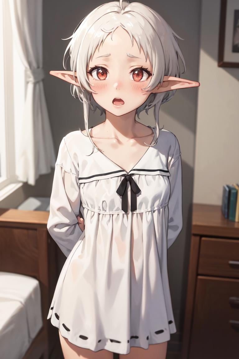 masterpiece, best quality, absurdres, Sylphiette, short hair, ahoge, white nightgown, collarbone, long sleeves, standing, indoors, bedroom, arms behind back, shy, blush, open mouth, <lora:Sylphiette:1>