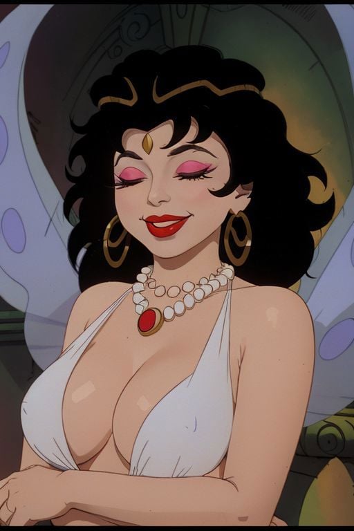 red lips, jewelry, cleavage, closed eyes, style of ralph bakshi, dr24elinore, necklace, white dress, covered nipples, smile, fairy wings, makeup, lipstick, eyeshadow, earrings