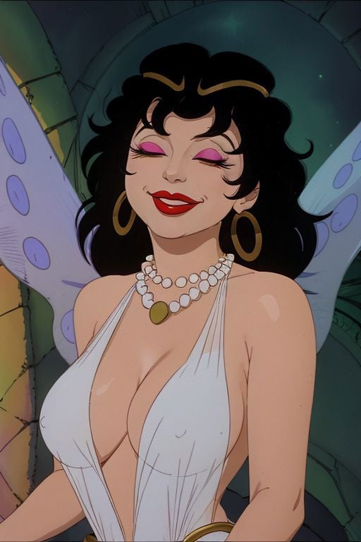 red lips, jewelry, cleavage, closed eyes, style of ralph bakshi, dr24elinore, necklace, white dress, covered nipples, smile, fairy wings, makeup, lipstick, eyeshadow, earrings