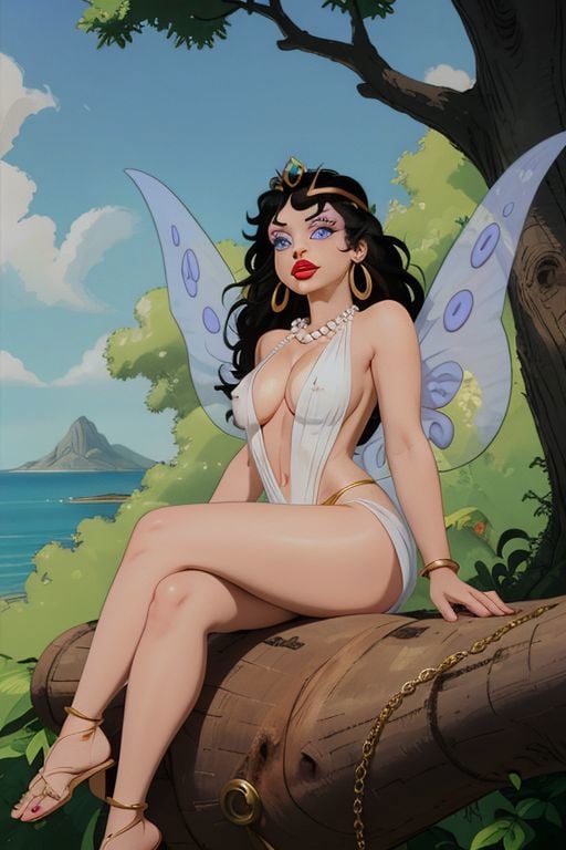 dr24elinore, style of ralph bakshi, jewelry, makeup, lipstick, fairy wings, covered nipples, white dress, red lips, earrings, long black hair, cleavage, hoop earrings, pearl necklace, barefoot, breasts, outdoors, sitting, gold anklet, tree, tongue out, plunging neckline, tiara, highly detailed blue eyes, looking at viewer