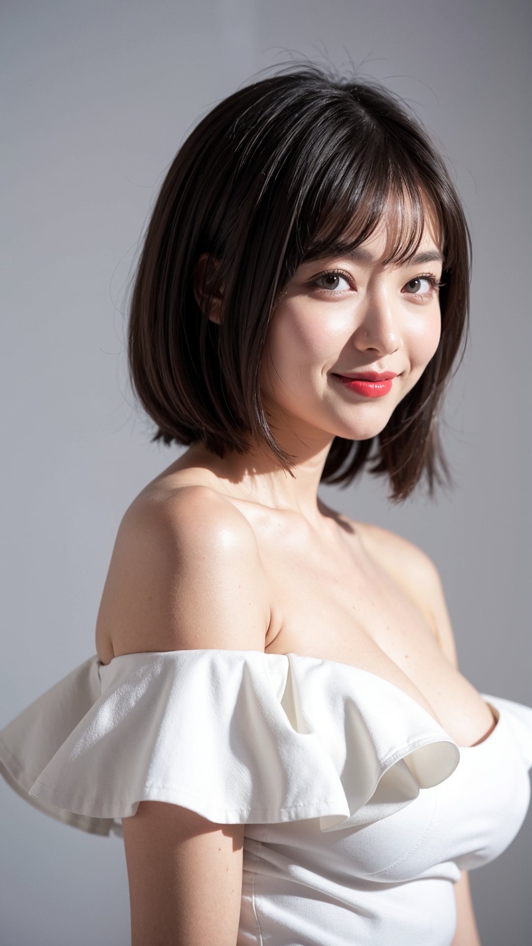 woman, medium bob cut, red lips, frilled dress, off shoulders, (large breast), white background, upper body, light smile