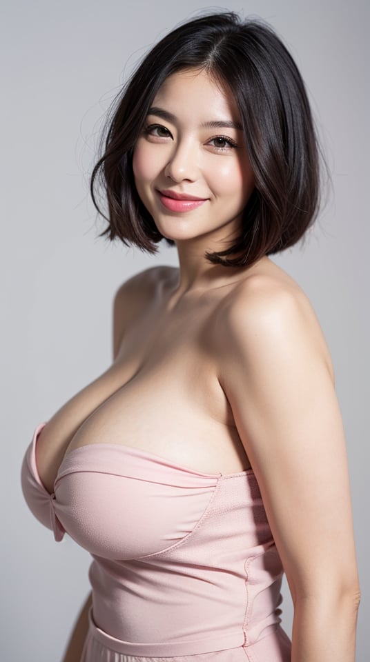 woman, wavy bob cut, soft pink lips, pink dress, off shoulders, (large breast), white background, upper body, light smile, (curvy:1.2)
