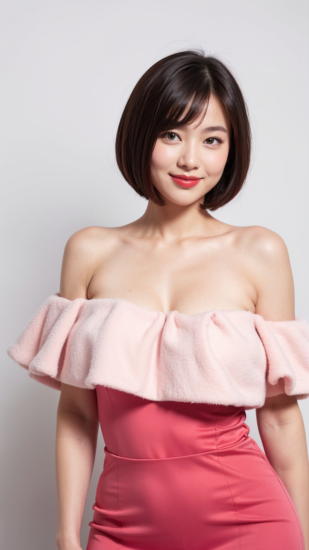 woman, medium bob cut, red lips, pink dress, off shoulders, (large breast), white background, upper body, light smile, (curvy)