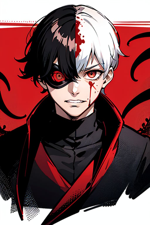 (1boy) portrait, best quality, ultra high res, ultra detailed, black and red, high contrast color tone, extremely detailed lighting, cinematic lighting, soft lights, (masterpiece, high quality:1.4), (kaneki ken, black hair, white hair, red and black eye, mask | teeth, blood eyes, black clothes, scorpio tentacles), , , blood, , black background, thrilling, (fierce face),kaneki ken