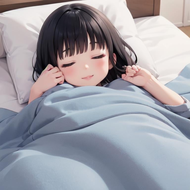 best quality, ultra-detailed, illustration,futon, 1girl,  solo, closed eyes, black hair, pillow, sleeping, bed, lying, smile, blanket, under covers, lips