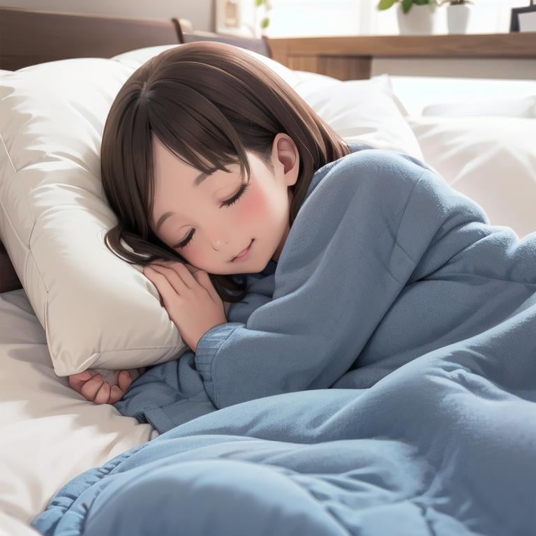 best quality, ultra-detailed, illustration,futon, 1girl, realistic, solo, closed eyes, pillow, sleeping, brown hair, lying, bed, blanket, smile, on side, under covers, lips, indoors