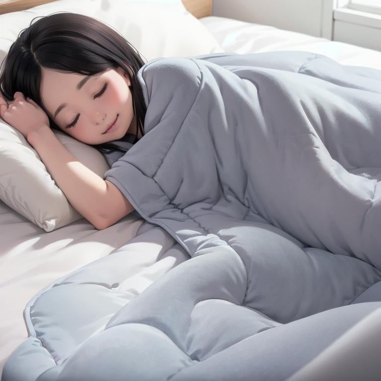 best quality, ultra-detailed, illustration,futon, 1girl, realistic, solo, closed eyes, black hair, pillow, sleeping, bed, lying, smile, blanket, under covers, lips