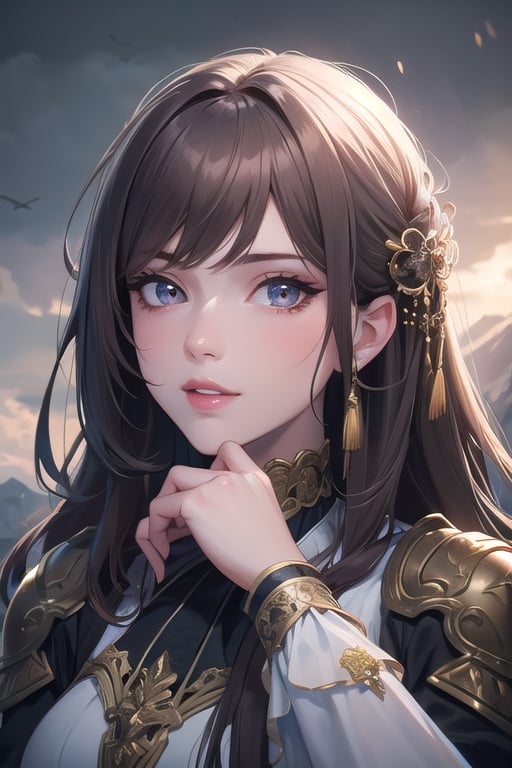 ((masterpiece)),  ((best quality)),  (ultra-detailed),  absurdres,  extremely detailed CG unity 8k wallpaper,  Official Art,   beautiful face,  detailed hands,  expressive eyes,  upper body,  close up,  solo,  scenery,  illustration,  dramatic lighting,  standing,  arm at side,  seductive smile,  parted lips,  1girl, lady,  ((masterpiece)),  , absurdres,  HDR