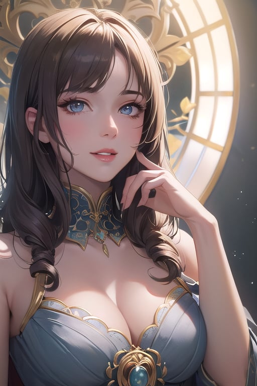 ((masterpiece)),  ((best quality)),  (ultra-detailed),  absurdres,  extremely detailed CG unity 8k wallpaper,  Official Art,   beautiful face,  detailed hands,  expressive eyes,  upper body,  close up,  solo,  scenery,  illustration,  dramatic lighting,  standing,  arm at side,  seductive smile,  parted lips,  1girl, lady,  ((masterpiece)),  , absurdres,  HDR