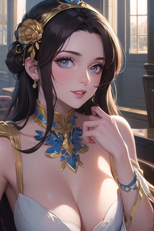((masterpiece)),  ((best quality)),  (ultra-detailed),  absurdres,  extremely detailed CG unity 8k wallpaper,  Official Art,   beautiful face,  detailed hands,  expressive eyes,  upper body,  close up,  solo,  scenery,  illustration,  dramatic lighting,  standing,  arm at side,  seductive smile,  parted lips,  1girl, lady,  ((masterpiece)),  , absurdres,  HDR