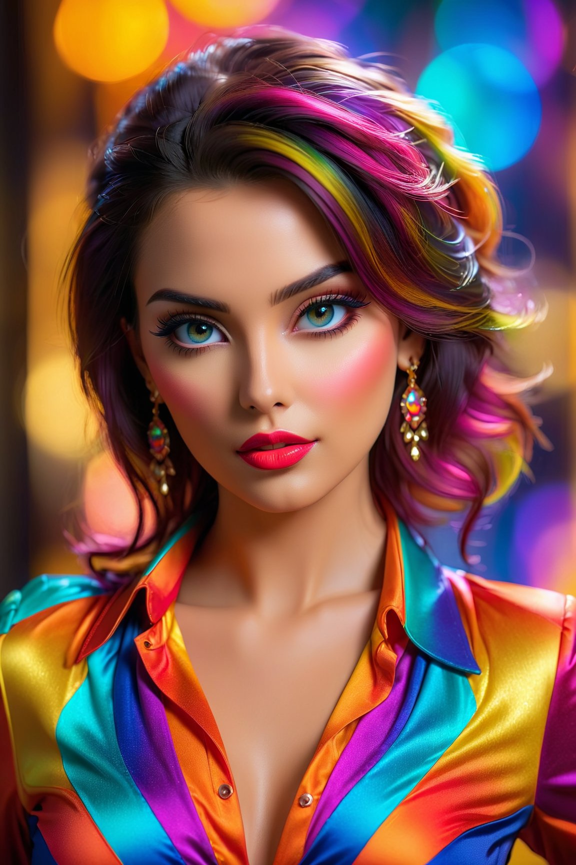 best quality, highres, ultra-detailed, realistic, professional, vivid colors, bokeh, portrait, woman, wearing colorful sexy outfit, striking pose, detailed face, detailed eyes, cinematic, studio lighting, color grading, soft lighting, dreamy effect,
