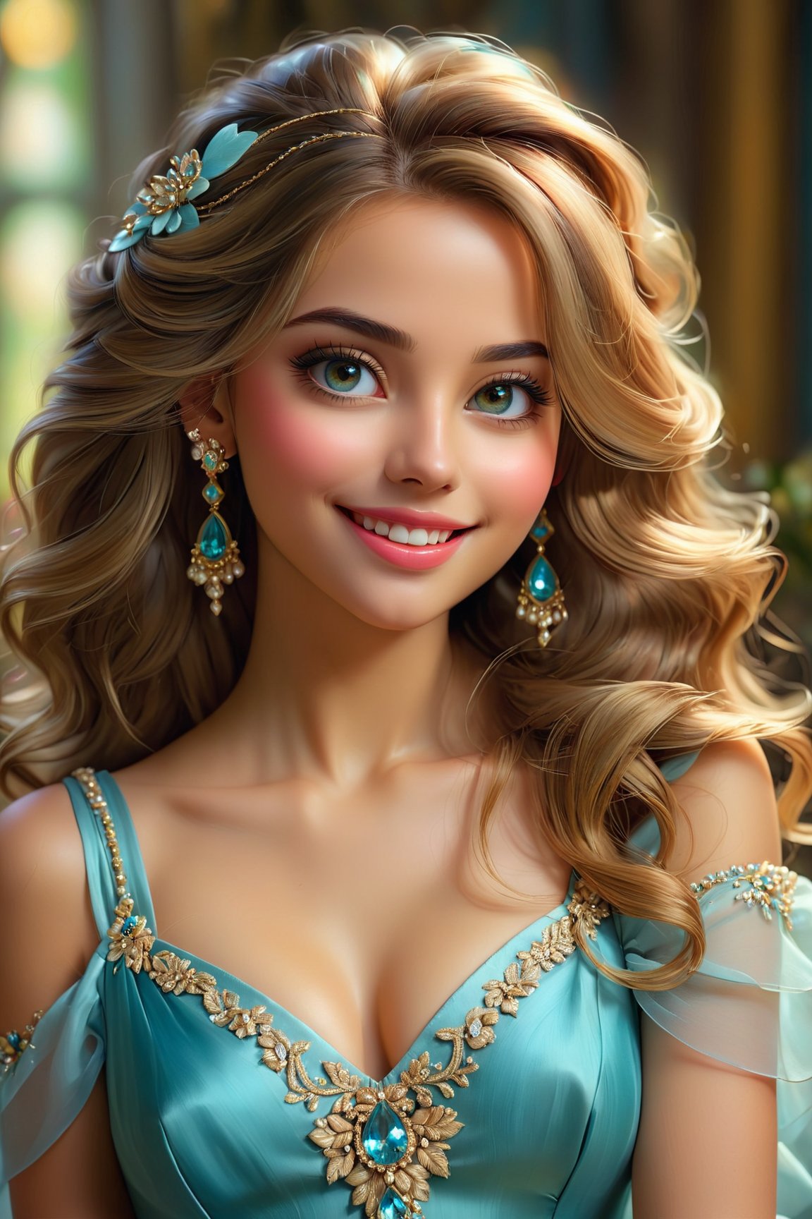 (best quality, 4k, 8k, highres, masterpiece:1.2), ultra-detailed, realistic, portrait, female, beautiful detailed eyes, beautiful detailed lips, cute smile, fancy style, medium:oil painting, soft brush strokes, vibrant colors, delicate features, graceful pose, flowing hair, gorgeous dress, sparkling jewelry, subtle shading, ethereal atmosphere, gentle lighting, magical ambiance, harmonious color palette, sublime beauty